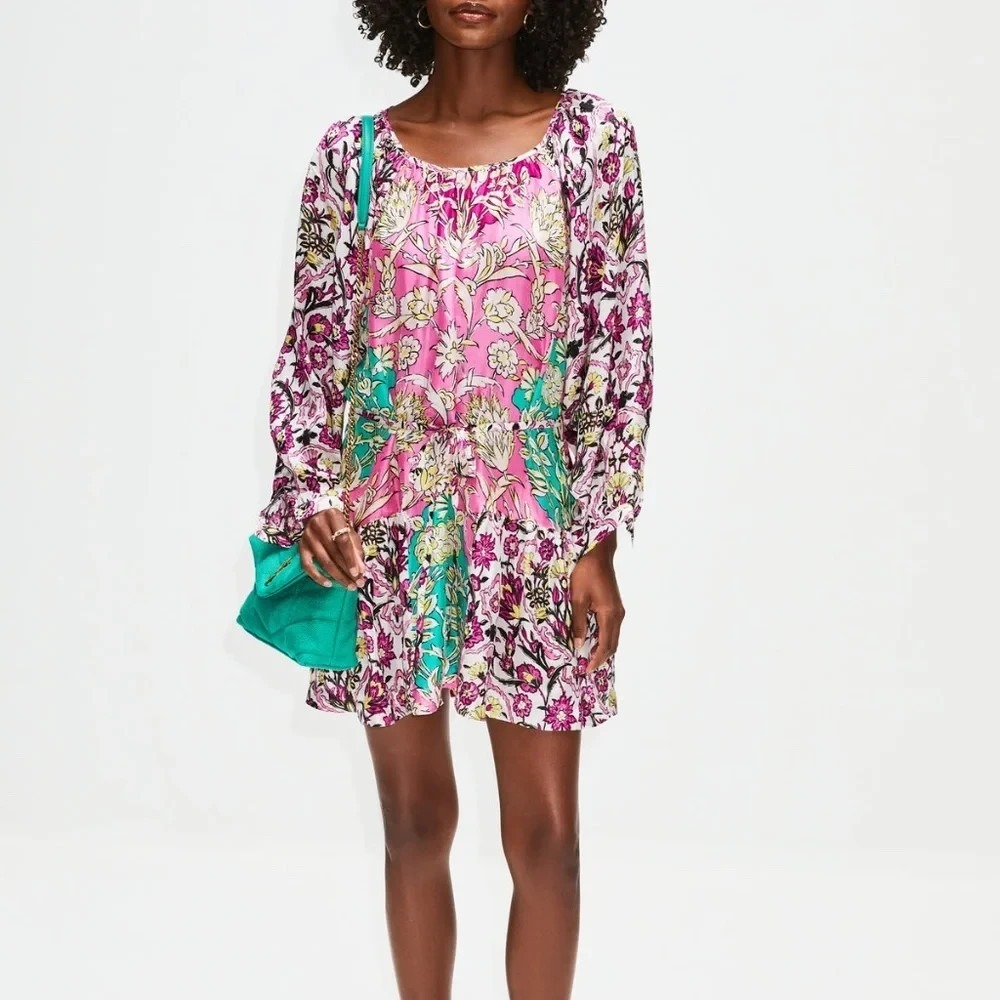 Maria Cher Sea Horse Mini Dress Long Sleeve Ruffle Hem Floral Multicolor Medium